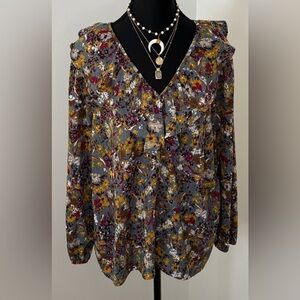 Ann Taylor Floral Print Long Sleeve Button Front Ruffle Collar Blouse Top Size L